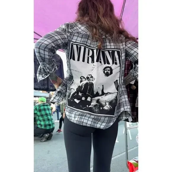 NIRVANA Kurt Cobain Upcycled Retro Vintage 90s Grunge Rock Plaid Flannel Size M - Picture 3 of 12